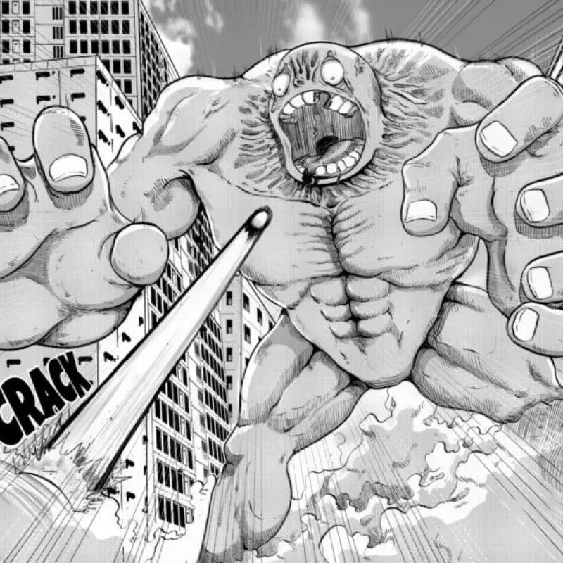 This image features an anime-style monster attacking a city, as a protagonist launches a projectile in it's direction.