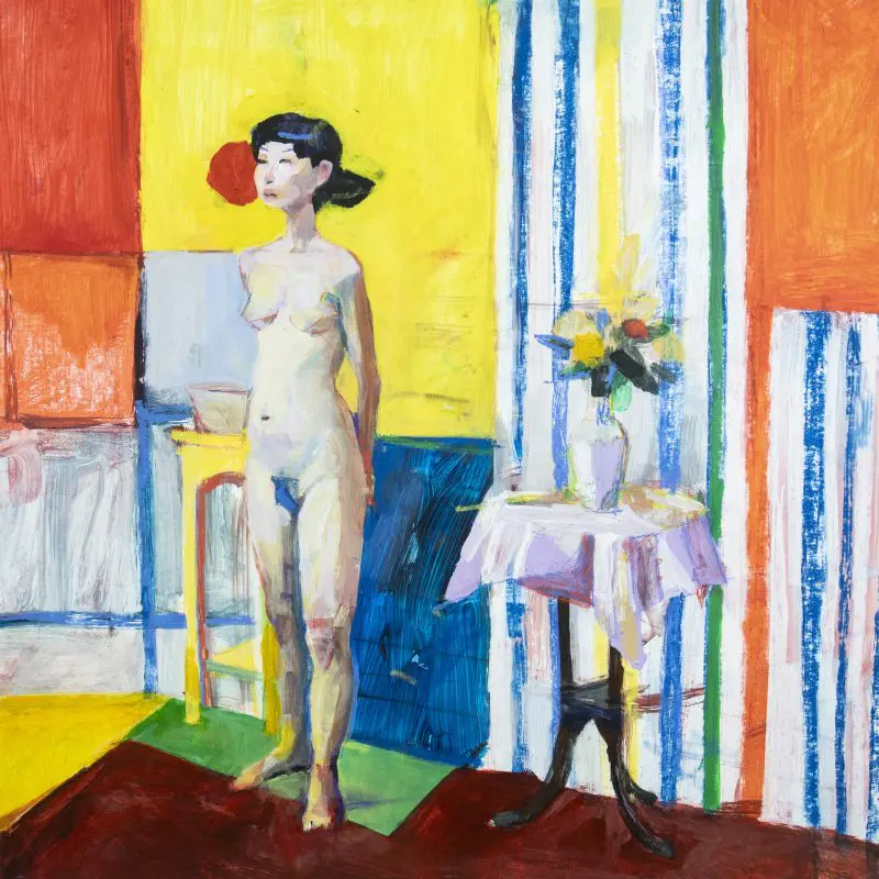 A life painting of a figure with small tables on either side
