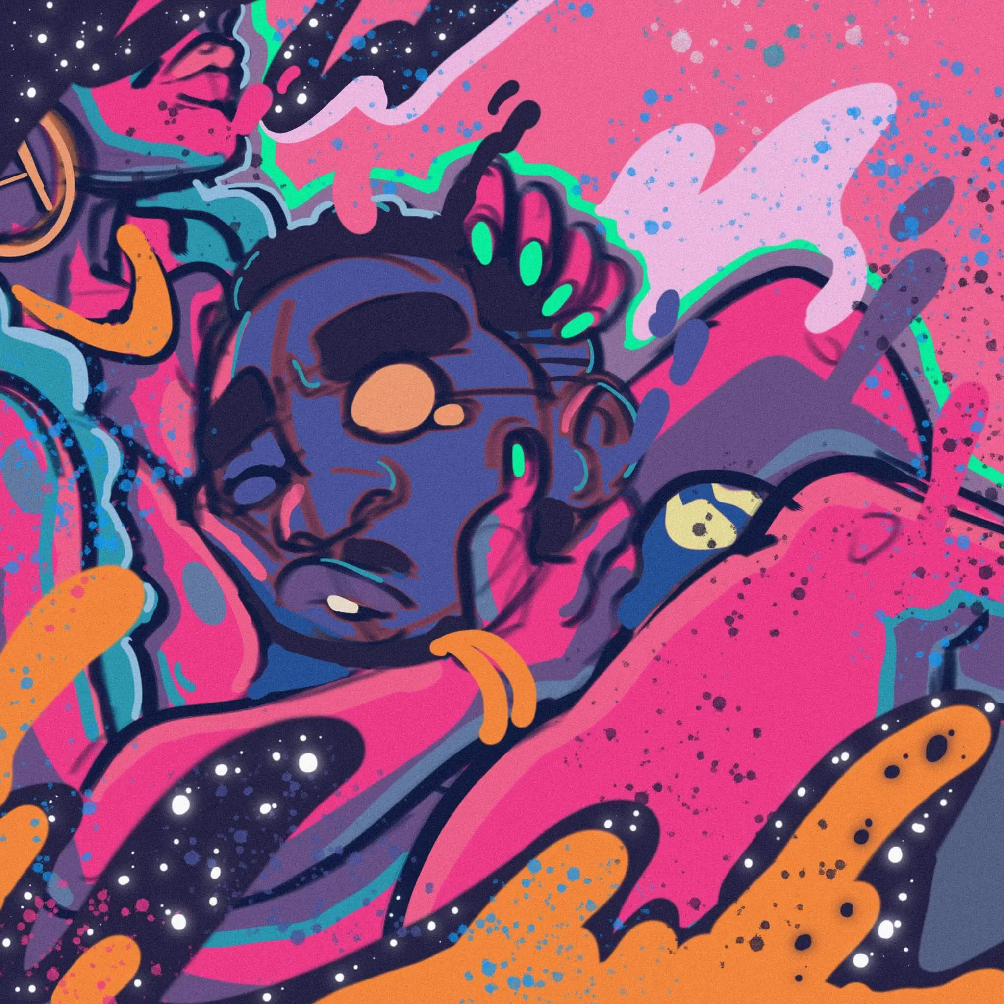 A bright artwork of a figure with paint splatters around it