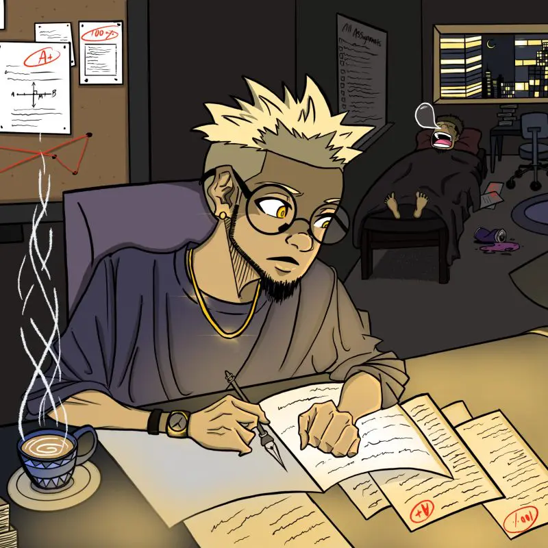 Drawing of a person sitting at a desk writing late at night