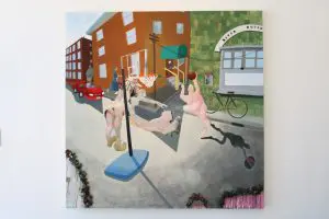 A painting of figures playing basketball on a street