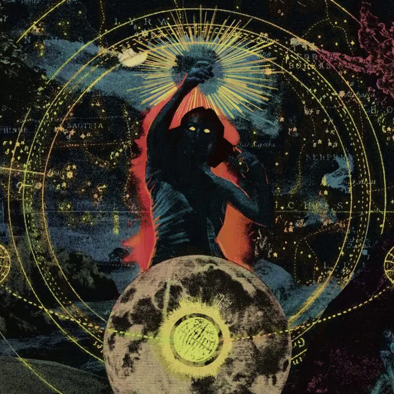 An art piece with human figures, celestial imagery, and leaves and flowers