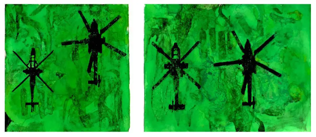 Prints of silhouettes of helicopters on a green background