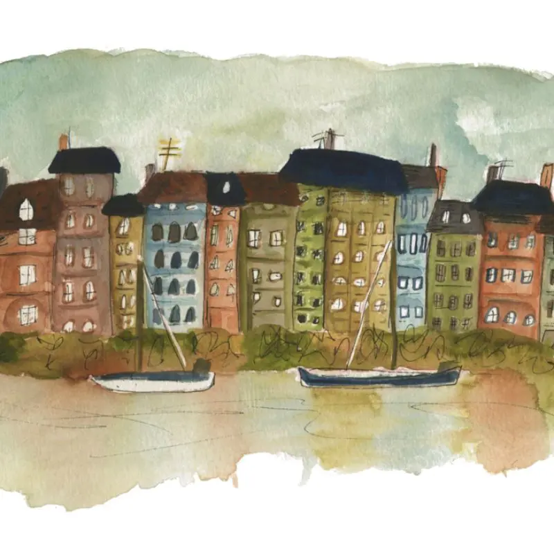Watercolor painting of a city with boats
