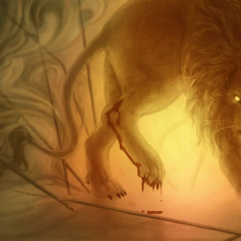 Artwork of a lion with a bleeding leg and glowing eyes