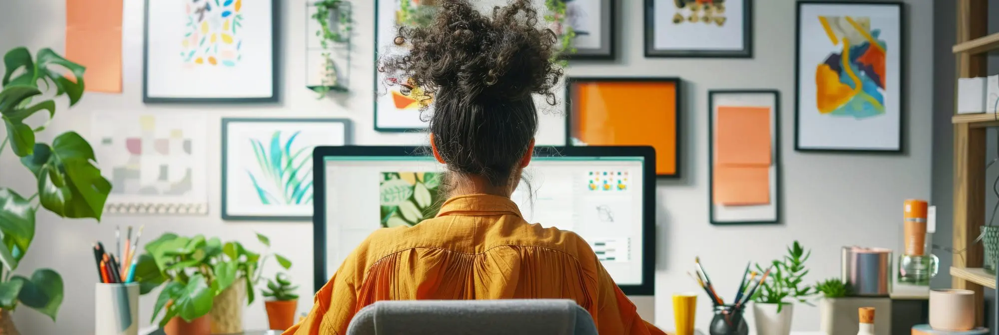 a person creating a professional online portfolio in their home office, with a sleek computer and art supplies