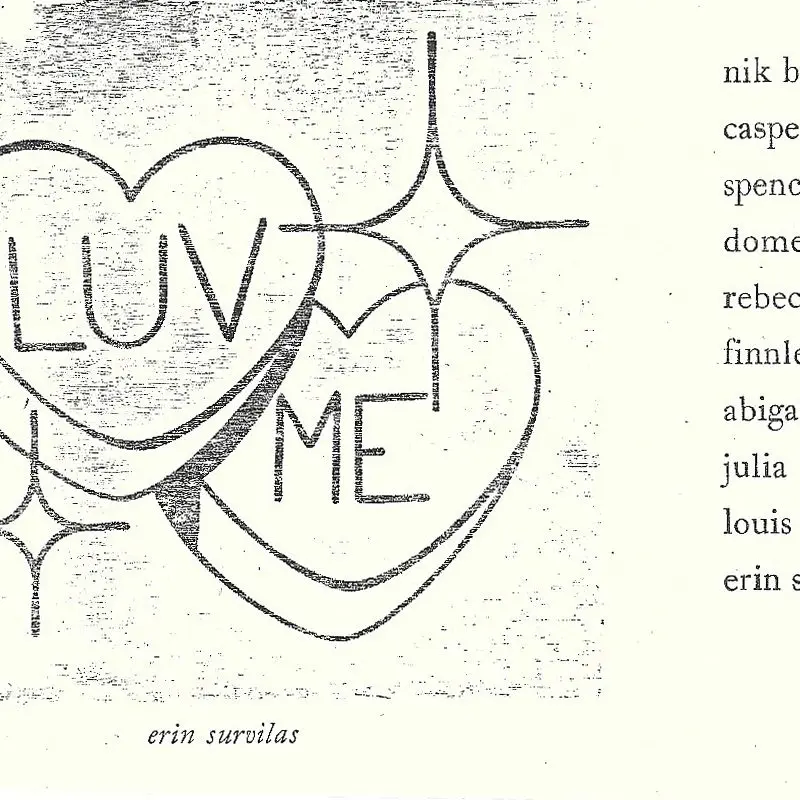 Studio Arts Senior Thesis Exhibition card with art of two hearts reading "Luv Me" by Erin Survilas