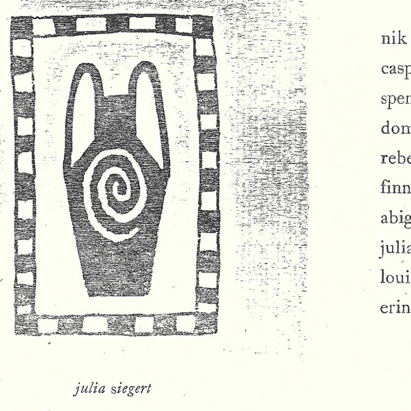 Studio Arts Senior Thesis Exhibition card with art of a vase with a swirl on it by Julia Siegert