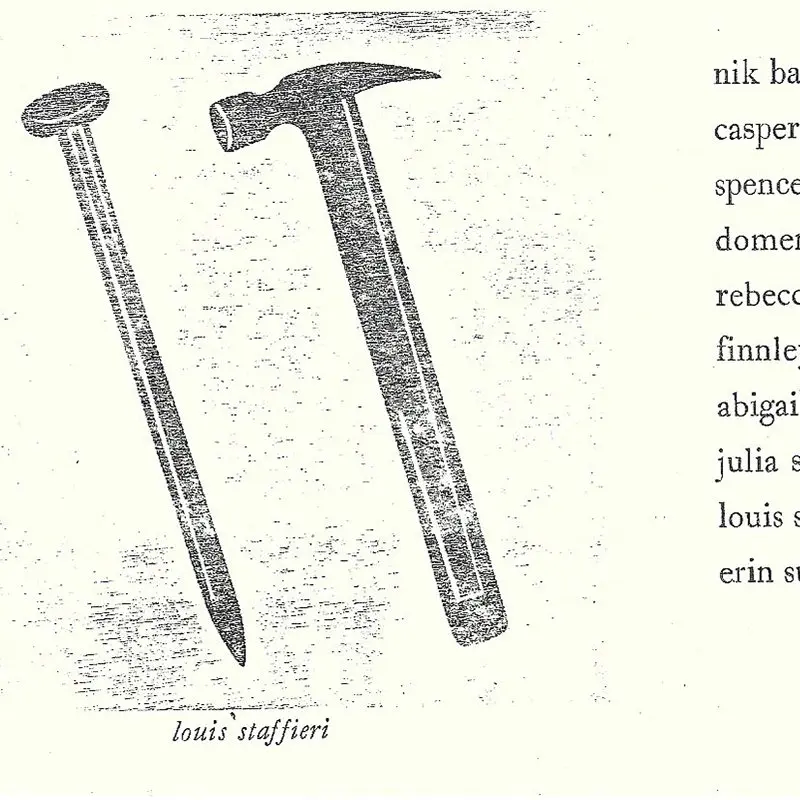 Studio Arts Senior Thesis Exhibition card with art of a nail and hammer by Louis Staffieri