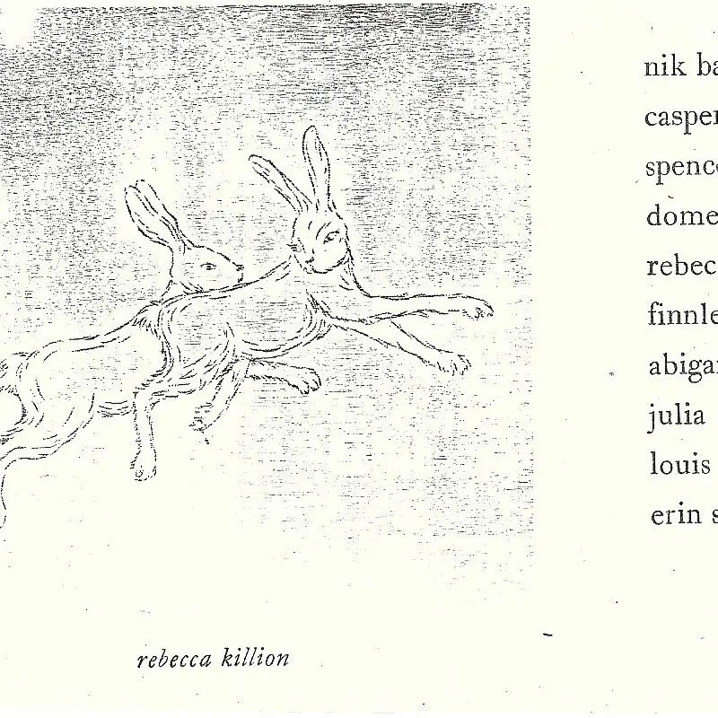 Studio Arts Senior Thesis Exhibition card with art of two rabbits by Rebecca Killion