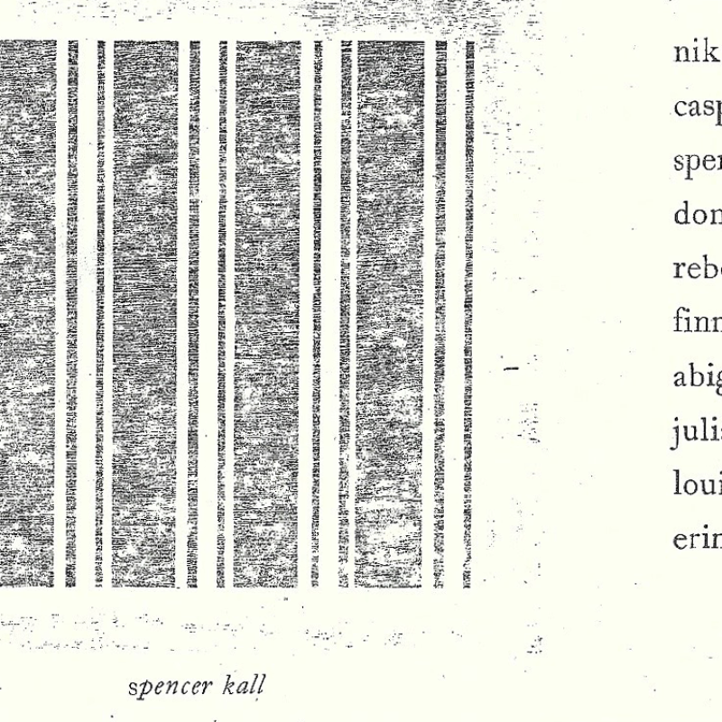Studio Arts Senior Thesis Exhibition card with art of vertical lines of varying widths in a square by Spencer Kall
