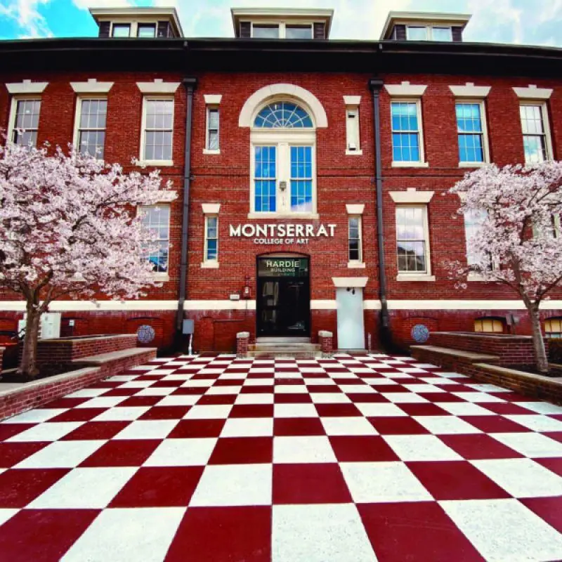 Photo of the exterior of the Hardie building with trees in bloom on both sides
