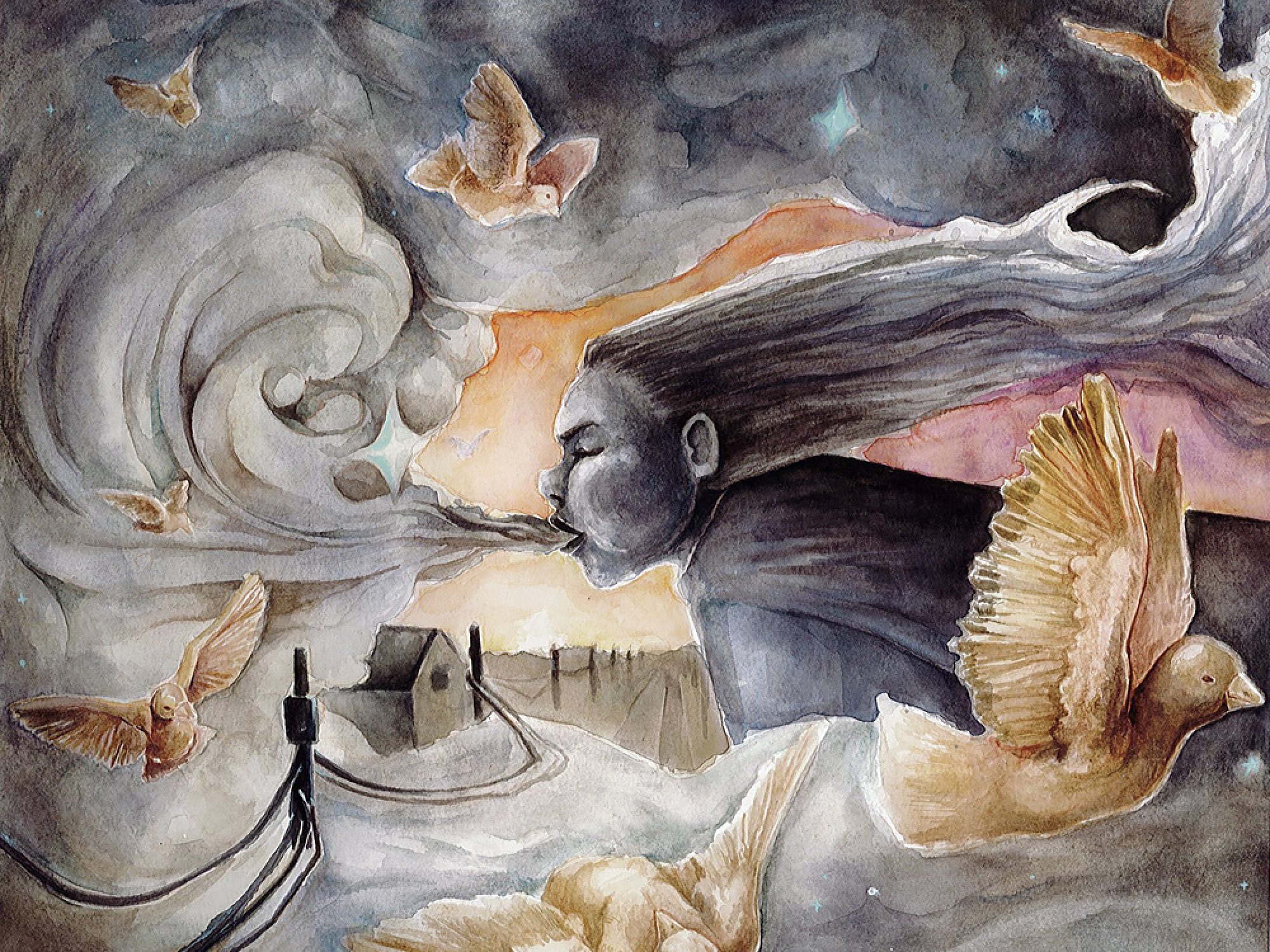 Painting of a figure breathing out clouds with birds around the piece