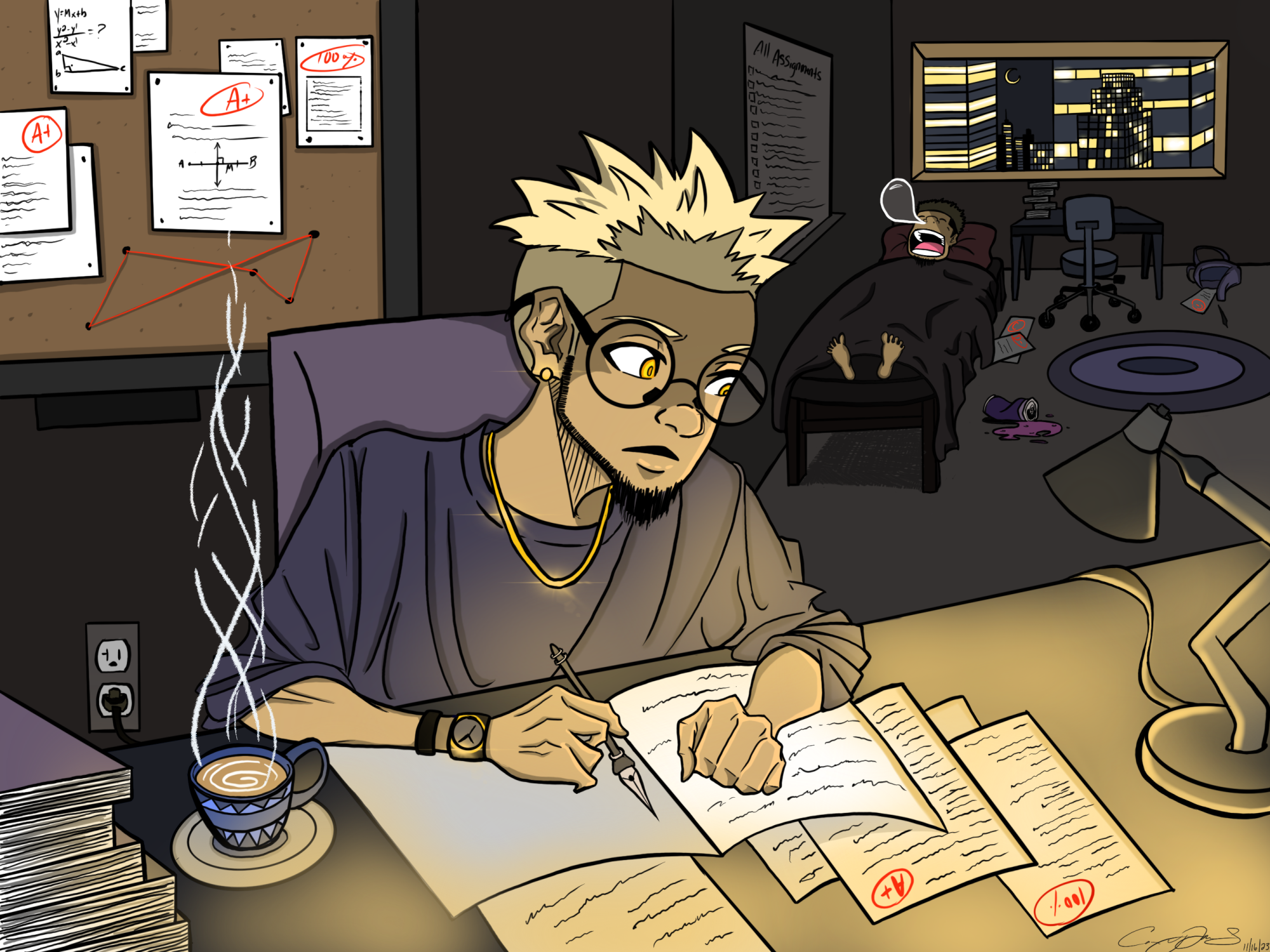 Drawing of a person sitting at a desk writing late at night