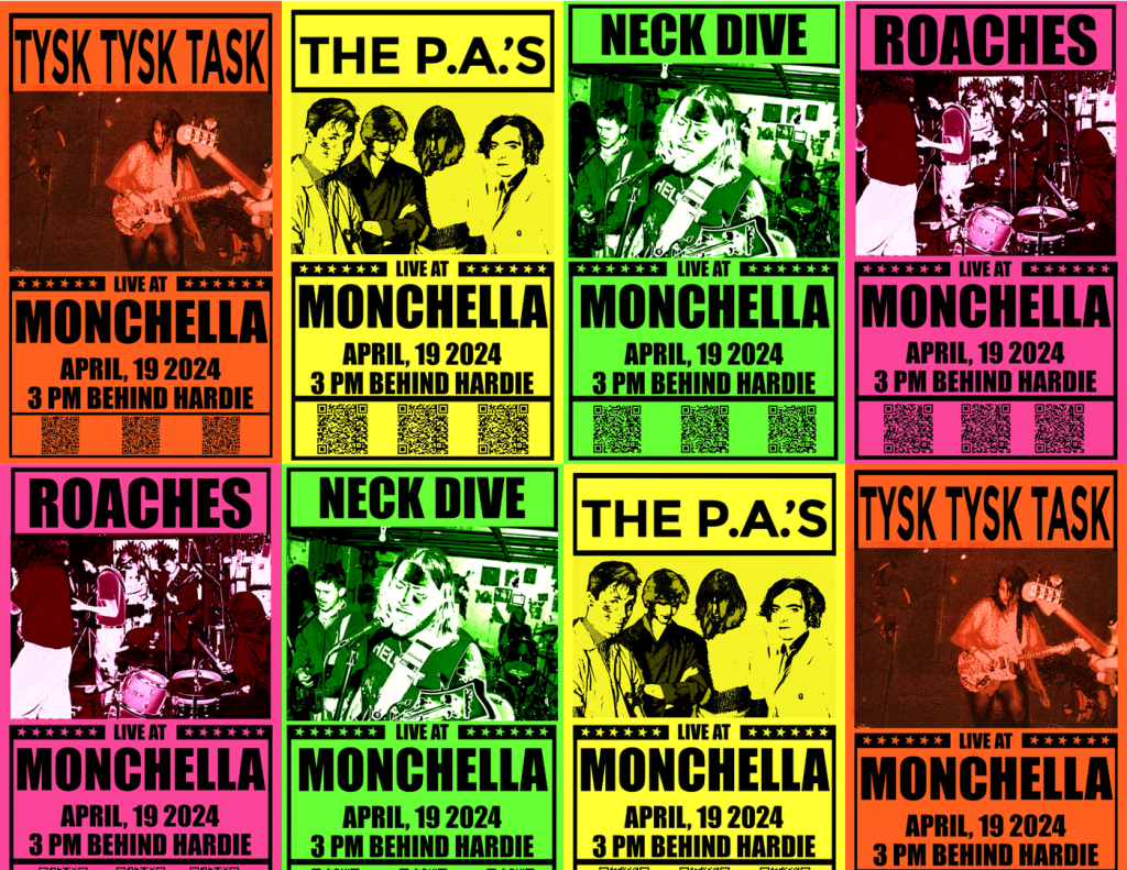 montage of band posters in flourescent colors