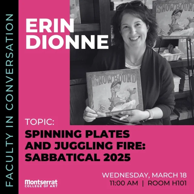 Join us for our next Faculty in Conversation with Erin Dionne
March 18, 11am,
23 Essex Street, room H101
Free and open to the public.Having time to create freely and pursue projects without restriction sounds like a fantastic opportunity. But what does that actually look like in practice? Join Erin Dionne as she talks about what goes into planning and executing a semester sabbatical, and navigating the expectations around it.