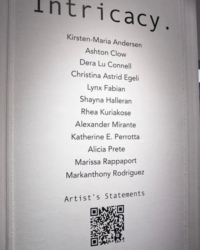 Senior Thesis Show: Intricacy
Senior Studio Arts Exhibition
Montserrat Gallery, 23 Essex Street Beverly
On view until May 1Congratulations to the artists!  Alexander Mirante, Alicia Prete, Ashton Clow, Christina Egeli, Dera Connell, Katie (Katherine) Perrotta, Kirsten-Marie Anderson, Lynx Fabian, Marissa Rappaport, Markanthony Rodriguez, Rhea Kuriakose, Shayna Halleranimages: Kiana Rodriguez