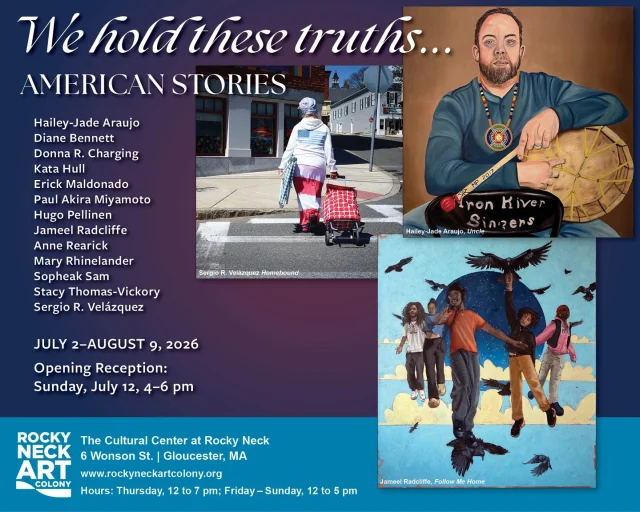 The new exhibition, We hold these truths...American Stories, opens today at The Cultural Center at Rocky Neck. Co-curated by Montserrat faculty member Ginger Myhaver, this juried exhibition presents visual narratives exploring the complexity of the contemporary American experience.The Montserrat community is well represented in the show, which includes featured work by President Brian Pellinen, Dean of Academic Affairs Stacy Thomas-Vickory, and alumnus Jameel Radcliffe.An opening reception will be held on Sunday, July 12, from 4:00 PM to 6:00 PM.The Cultural Center at Rocky Neck is located at 6 Wonson Street in Gloucester, Massachusetts. Gallery hours are Thursdays from 12:00 PM to 7:00 PM, and Fridays through Sundays from 12:00 PM to 5:00 PM. The exhibition runs through August 9.#MontserratCollegeOfArt #RockyNeckArtColony #AmericanStories #GloucesterMA #ContemporaryArt