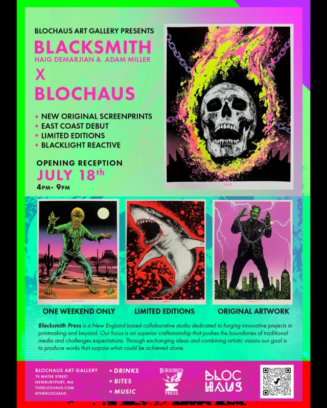 Join a special event at Blochaus: a collaborative exhibition bringing together former Montserrat faculty member Haig Demarjian and Montserrat alumnus Adam Miller. Saturday, July 18, 4 – 9 PM. Blochaus Art Gallery, 74 Water Street, Newburyport, MABlacksmith Press is dedicated to pushing the boundaries of contemporary printmaking, combining traditional screen printing techniques with bold imagery, experimentation, and exceptional craftsmanship. Through the collaboration of two distinct artistic voices, they create work that couldn’t exist individually.Featuring:
New original screenprints & limited edition releases
Blacklight reactive artwork
Original works by Haig & Adam
Plus drinks, bites, and music!Whether you’re a collector, artist, or simply looking for an inspiring night out, this is a rare opportunity to meet the artists, experience new work, and celebrate contemporary printmaking.@theblochaus @blacksmith_press @planethaig @millerstrations @markus_sebastiano#MontserratAlumni #Printmaking #ContemporaryArt #NewburyportMA #Screenprinting