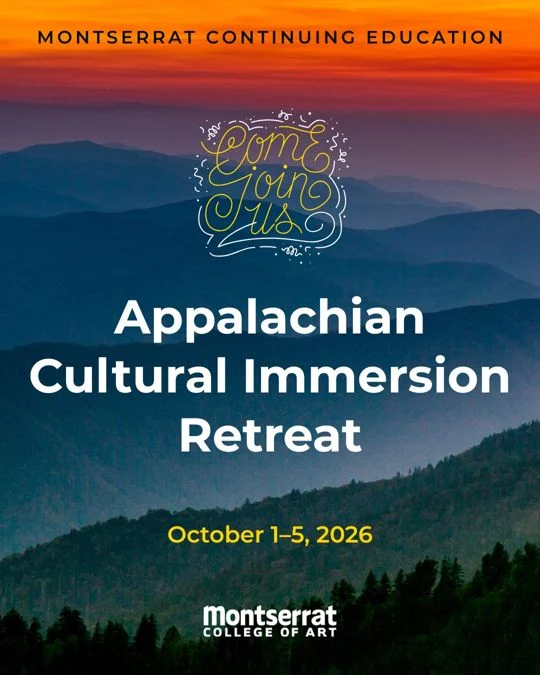 Escape to the mountains with Montserrat College of Art for an unforgettable cultural journey. Join our Appalachian Cultural Immersion Retreat from October 1 to October 5, 2026, based in scenic Blowing Rock, North Carolina.Designed for art lovers, writers, and cultural explorers, this curated small group retreat connects you directly with the vibrant arts, history, and flavor of the High Country. Experience an authentic acoustic performance at the legendary Carter Family Fold, explore contemporary galleries at the world-renowned Penland School of Craft, and catch a professional stage production at the historic Barter Theatre. You will also take in the magic of the International Storytelling Festival in Jonesborough, Tennessee, and savor modern Appalachian fine dining at celebrated local restaurants.Throughout the trip, light and optional field journaling sessions will give you space to capture sensory observations and reflect on the local landscape and traditions. No prior writing experience is required.This retreat includes shared ground transportation, lodging at the Meadowbrook Inn, and curated programming with plenty of balanced downtime to explore at your own pace.
Space is limited for this special small group experience. Visit the Continuing Education link in our bio to view the details and register.