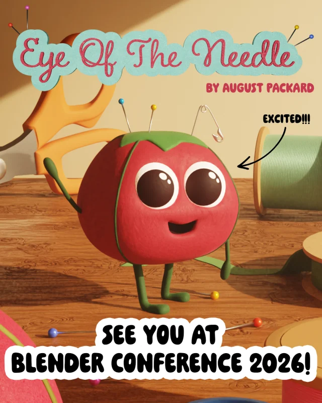 Montserrat College of Art senior August Packard is traveling to Amsterdam, Netherlands for Blender Conference 2026!After learning about faculty member Dirk Tiede's experience at the conference last year, August spent the summer applying for funding and received Montserrat College of Art's Professional Development Grant to support their trip.August's junior year animation project, Eye Of The Needle, has been accepted into the Suzanne Awards film festival at BCON 26. Created during the spring 2026 semester using Blender 5.0 and Adobe After Effects, the film follows Guy, an adorable tomato pin cushion on a mission to clean up sewing pins set to Eye Of The Tiger by Survivor.While at the conference, August hopes to advocate for a student category in future Suzanne Awards competitions to help bring more student work to the global stage.Congrats, August!Show your support for August by voting for Eye Of The Needle in the Suzanne Awards festival. Visit https://conference.blender.org/2026/festival/entries/vote/#717 to cast your vote, and watch the full short film on YouTube at https://www.youtube.com/watch?v=8mO0uz5ZnFk&t=5s.@augoosetusdraws